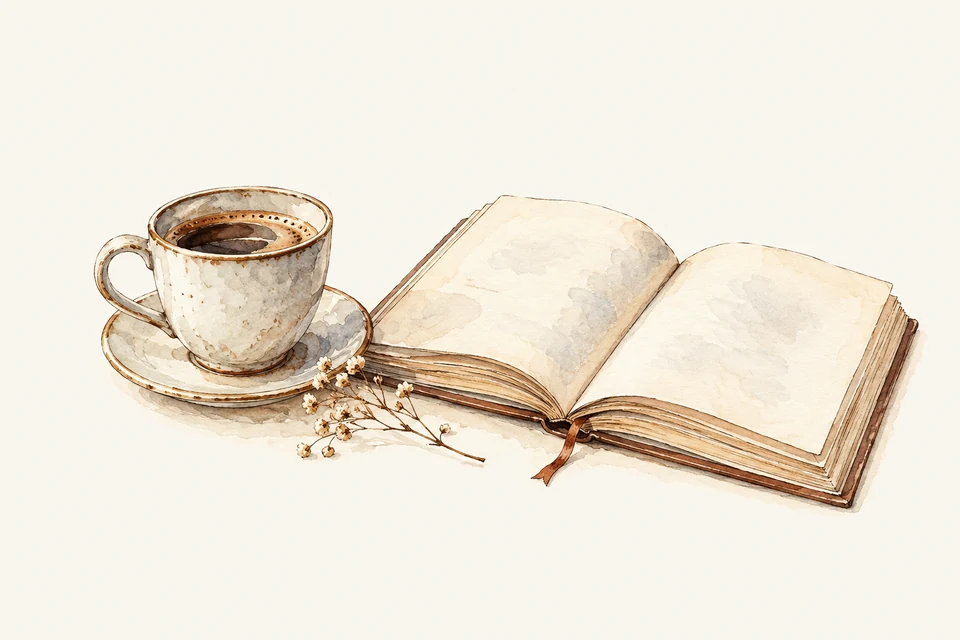 Representative pen-and-watercolor illustration of coffee and an open book