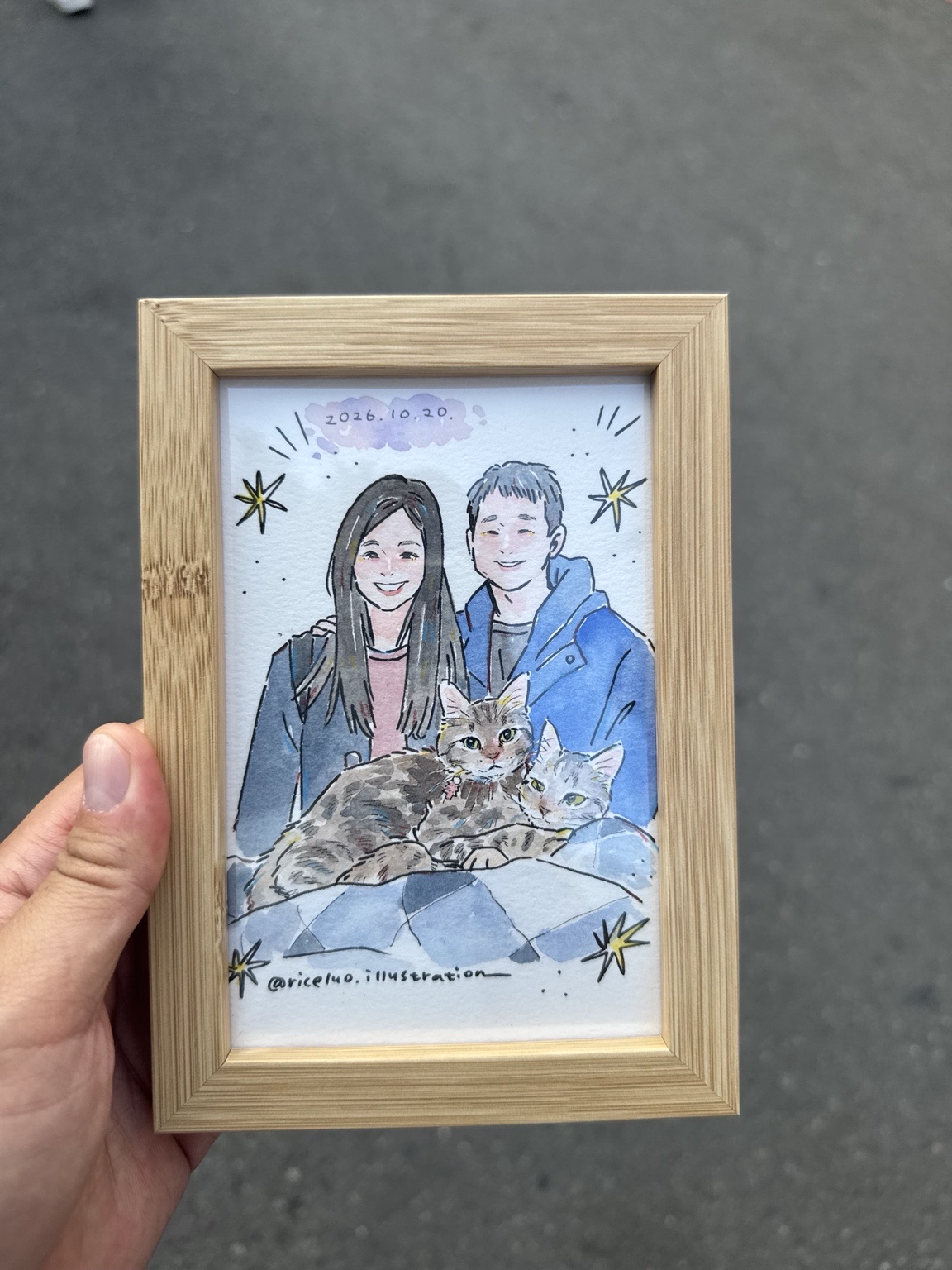 Framed portrait of Yusheng and Tiffany with their cats Miso and Dashi, dated 20 October 2026.